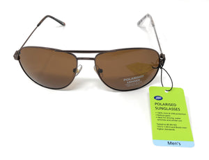 Close-up of polarised aviator sunglasses with sleek copper frame and brown lenses