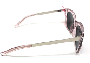 Side view of translucent rose frame sunglasses with silver metal arms