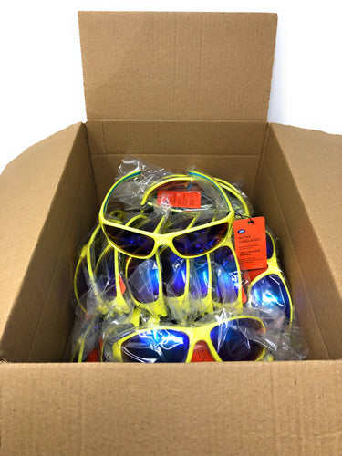 Wholesale box of 25 pairs of Boots 124J yellow sports sunglasses.