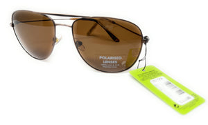 Close-up of polarised aviator sunglasses with sleek copper frame and brown lenses