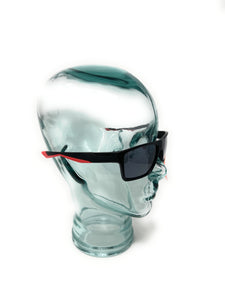 Sideview of Boots polycarbonate sports sunglasses with red arms